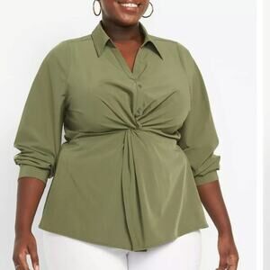 Lane Bryant Olive Green No-Peek Twist-Waist Peplum Blouse